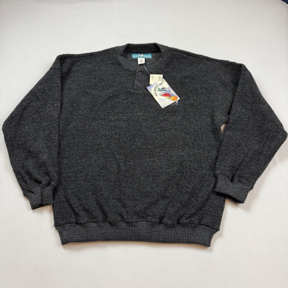 Big Dogs Mens SM Charcoal Black Henley Sweater Vintage Marled Knit Pullover NOS